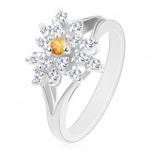 Błyszczący pierścionek z rozdzielonymi ramionami, przezroczysty cyrkoniowy kwiatek, barwny środek