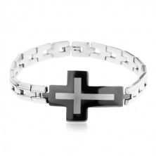 Stalowa bransoletka srebrnego koloru, lśniące ogniwa i duży szaro-czarny krzyż
