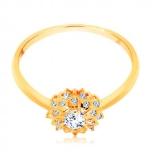 Złoty pierścionek 585 - błyszczące słońce ozdobione okrągłymi przezroczystymi cyrkoniami