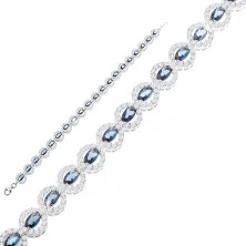 Luksusowa srebrna bransoletka 925, błyszczące przezroczyste kontury kół, niebieskie owale