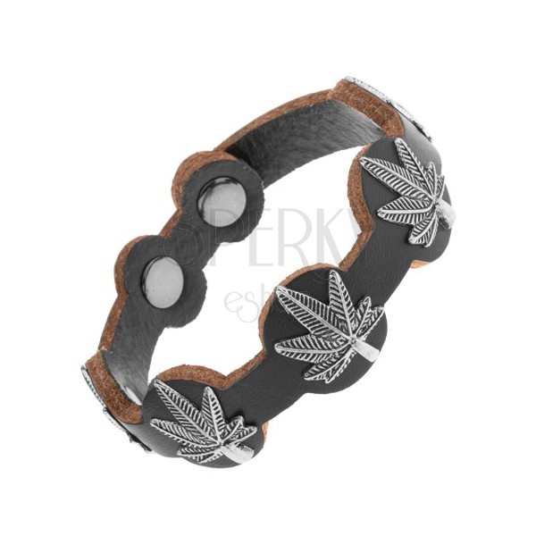 Skórzana bransoletka czarnego koloru, patynowane liście marihuany ze stali
