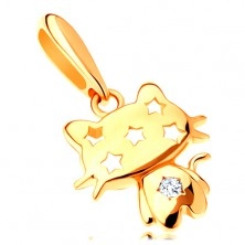 Zawieszka z żółtego 14K złota - błyszczący kotek, przezroczysta cyrkonia, gwiazdy