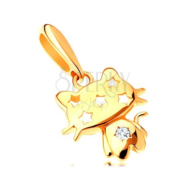 Zawieszka z żółtego 14K złota - błyszczący kotek, przezroczysta cyrkonia, gwiazdy