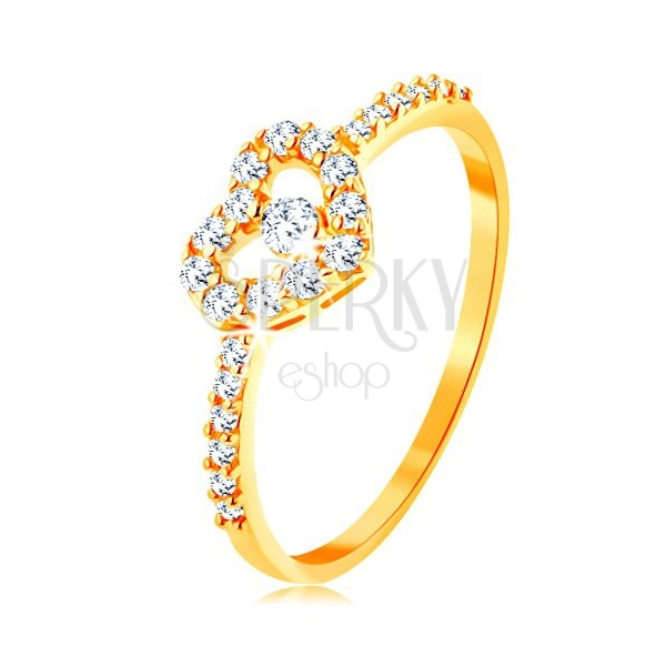 Złoty pierścionek 585 - cyrkoniowe ramiona, błyszczący przezroczysty zarys serca z cyrkonią