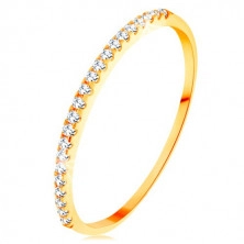 Złoty pierścionek 585 - cienkie lśniące ramiona, błyszcząca cyrkoniowa linia bezbarwnego koloru