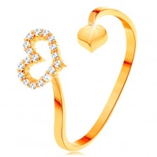 Złoty pierścionek 585 - faliste ramiona zakończone zarysem serca i pełnym serduszkiem