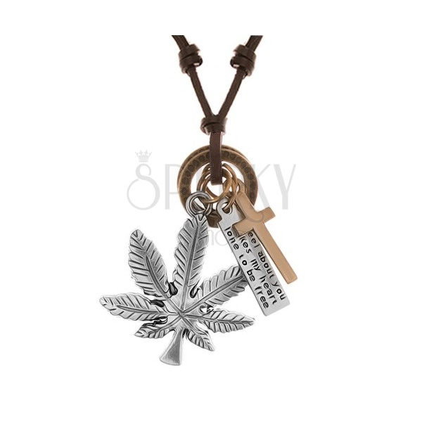 Naszyjnik - sznurek ze sztucznej skóry, liść konopii, krzyż, blaszka i kółka
