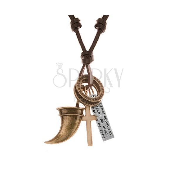 Naszyjnik - sznurek ze sztucznej skóry z zawieszkami, zwierzęcy ząb, krzyż, blaszka i kółka