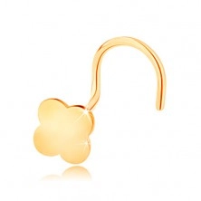 Zagięty piercing do nosa z żółtego 14K złota - mała czterolistna koniczynka na szczęście