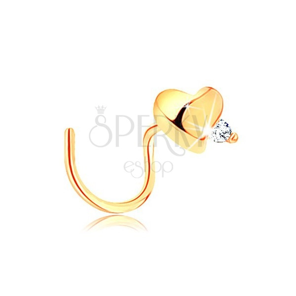 Złoty piercing 585, zagięty - lśniące wypukłe serce, przezroczysta cyrkonia