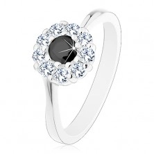 Lśniący pierścionek w srebrnym odcieniu, cyrkoniowy kwiatek z czarnym środkiem
