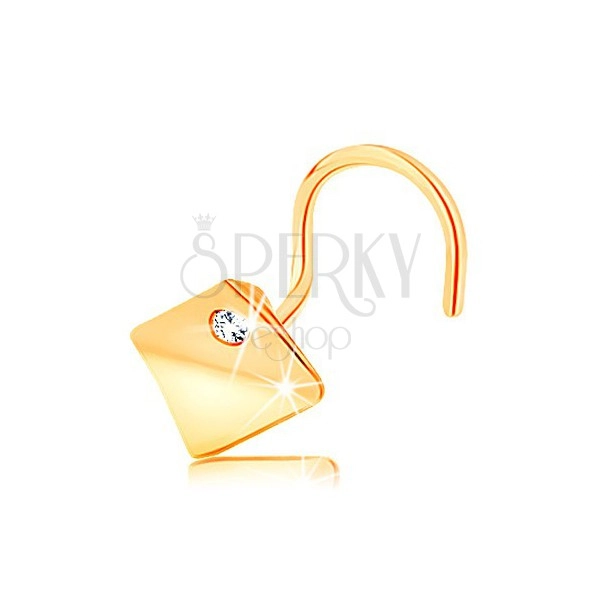 Piercing do nosa z żółtego 14K złota - wypukły kwadrat z przezroczystą cyrkonią