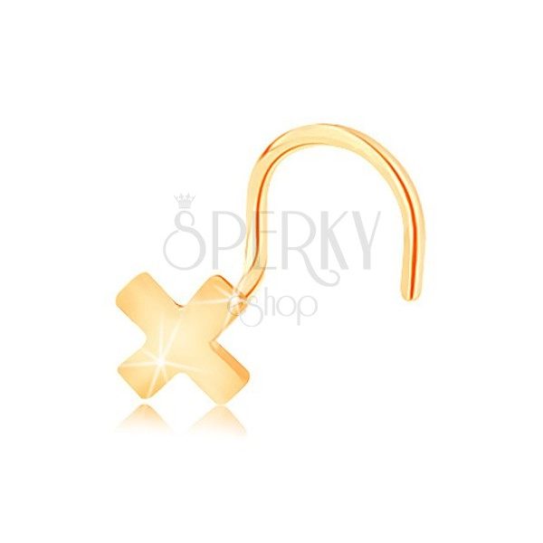 Piercing do nosa z żółtego 14K złota - mała lśniąca litera X, zagięty kształt