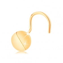 Złoty piercing do nosa 585, zagięty - lśniące koło, wygięte pośrodku