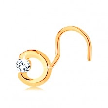 Złoty piercing do nosa 585 - niepełny zarys koła z przezroczystą cyrkonią, zagięty kształt