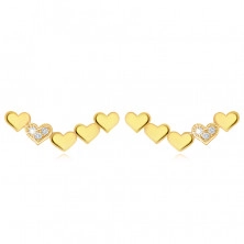 Kolczyki z żółtego 14K złota - łuk z połączonych wypukłych serduszek