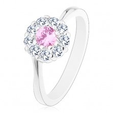 Pierścionek srebrnego koloru, różowo-bezbarwny cyrkoniowy kwiatek, lśniące ramiona