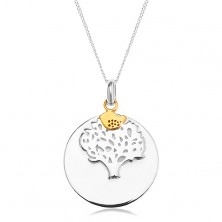 Srebrny naszyjnik 925, okrągła płytka - drzewo życia, ptaszek złotego koloru