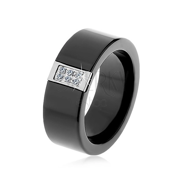 Czarny ceramiczny pierścionek o gładkiej powierzchni, stalowy prostokąt z cyrkoniami