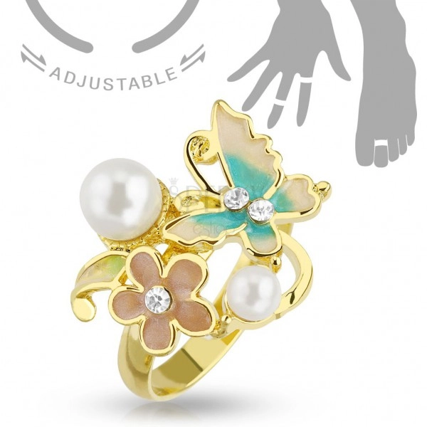 Regulowany pierścionek na rękę lub nogę złotego koloru, motyl, kwiat i perełki