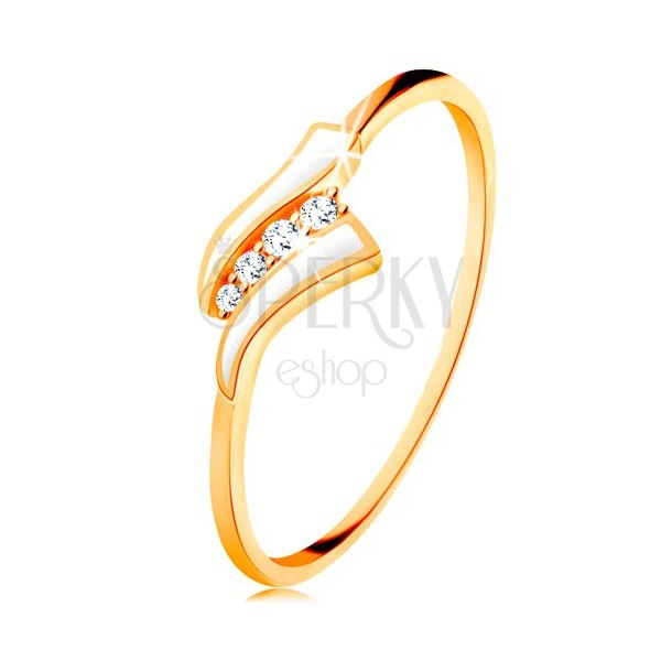 Złoty pierścionek 585 - dwie białe fale, pas przezroczystych cyrkonii, lśniące ramiona