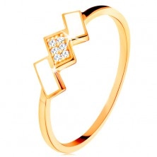 Złoty pierścionek 585 - ukośne prostokąty pokryte białą emalią i cyrkoniami