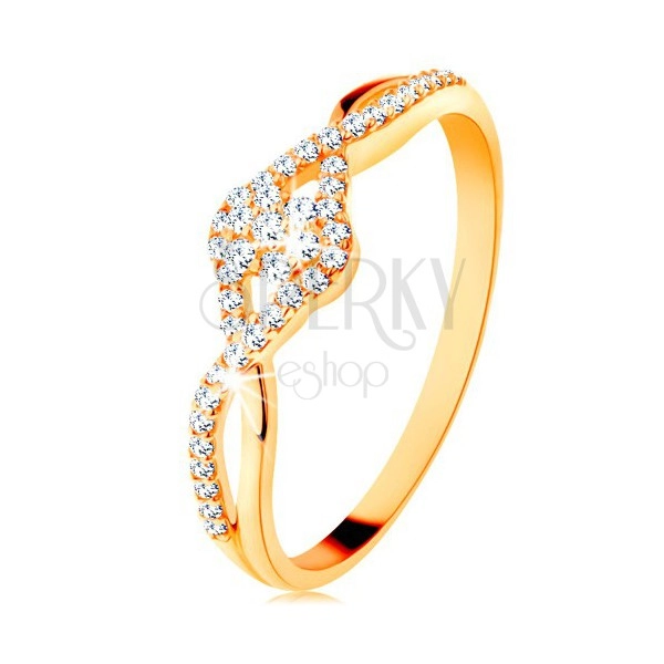 Złoty pierścionek 585 - przeplecione rozdwojone ramiona, przezroczysty cyrkoniowy kwiatek