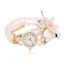 Zegarek z przejrzystych białych koralików, duży kwiat, cyferblat z cyrkoniami