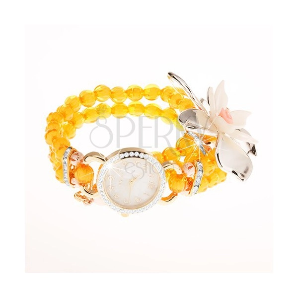 Zegarek z przejrzystych żółtych koralików, cyferblat z cyrkoniami, duży kwiat