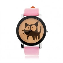 Zegarek analogowy - duży cyferblat z czarnym kotkiem i cyrkoniami, różowa bransoletka