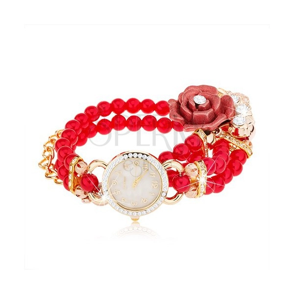 Zegarek analogowy, czerwona bransoletka z koralików, cyferblat z cyrkoniami, róża