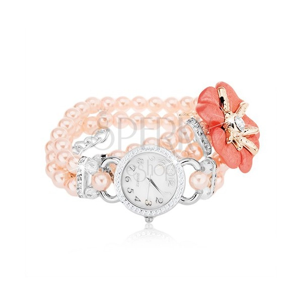 Zegarek na rękę, cyferblat z cyrkoniami, różowa bransoletka z koralików, kwiat