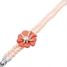 Zegarek na rękę, cyferblat z cyrkoniami, różowa bransoletka z koralików, kwiat