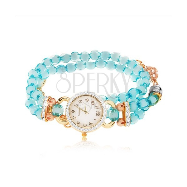Zegarek z bransoletką z przejrzystych niebieskich koralików, cyferblat z cyrkoniami