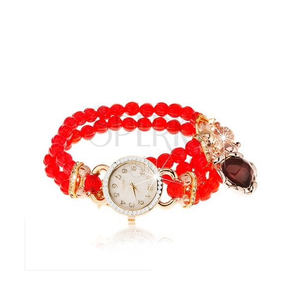 Zegarek na rękę, bransoletka z czerwonych koralików, serduszko, cyferblat z cyrkoniami