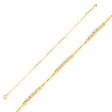 Złota bransoletka 585 z owalnych ogniw z trzema błyszczącymi pasami z cyrkonii