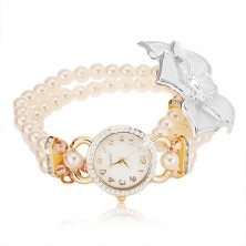 Zegarek z bransoletką z białych koralików, cyferblat z cyrkoniami, biały kwiat