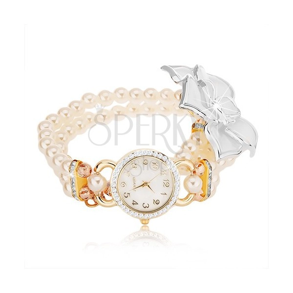 Zegarek z bransoletką z białych koralików, cyferblat z cyrkoniami, biały kwiat