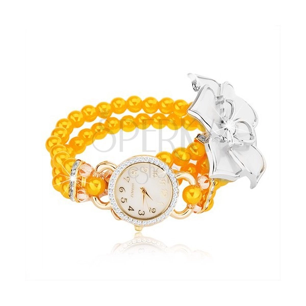 Zegarek z bransoletką z żółtych koralików, biały kwiat, cyferblat z cyrkoniami