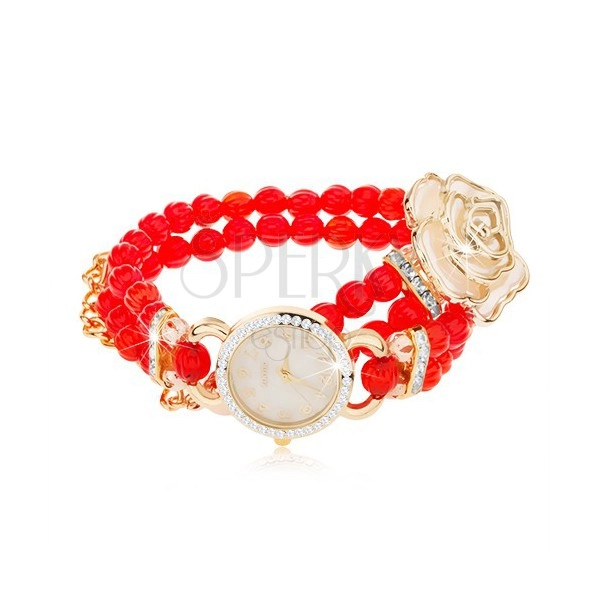 Zegarek analogowy, bransoletka z czerwonych koralików, cyferblat z cyrkoniami, biała róża