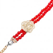 Zegarek analogowy, bransoletka z czerwonych koralików, cyferblat z cyrkoniami, biała róża