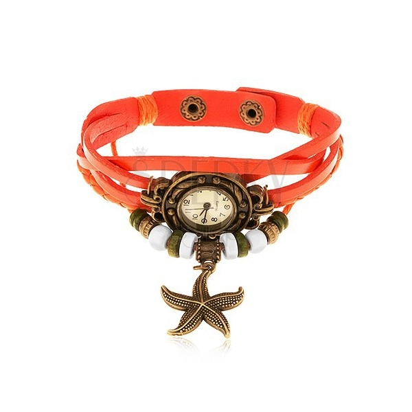 Zegarek analogowy, ozdobne wycięcia, pleciony pasek pomarańczowego koloru