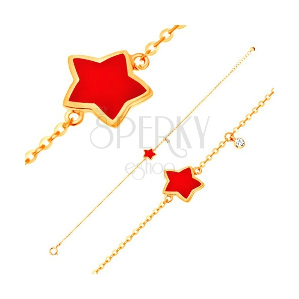 Złota bransoletka 585 z zawieszkami - gwiazda z czerwoną emalią, przezroczysta cyrkonia