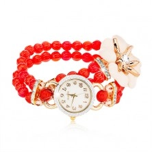 Zegarek na rękę z czerwonymi koralikami, cyferblat z cyrkoniami, biały kwiat z cyrkonią