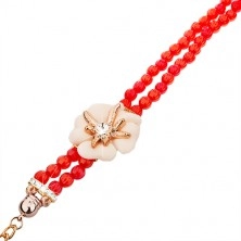 Zegarek na rękę z czerwonymi koralikami, cyferblat z cyrkoniami, biały kwiat z cyrkonią