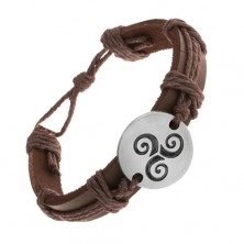 Brązowa bransoletka z syntetycznej skóry i sznurków, koło z czarną spiralą Tribal