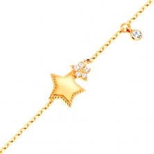 Bransoletka z żółtego 14K złota - dwie błyszczące pięcioramienne gwiazdy i okrągła bezbarwna cyrkonia