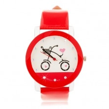 Czerwono-biały zegarek na rękę, duży cyferblat z obrazkiem roweru
