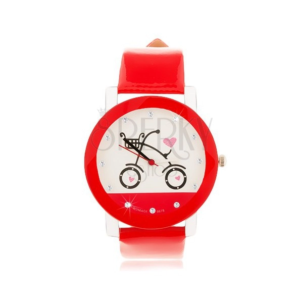 Czerwono-biały zegarek na rękę, duży cyferblat z obrazkiem roweru