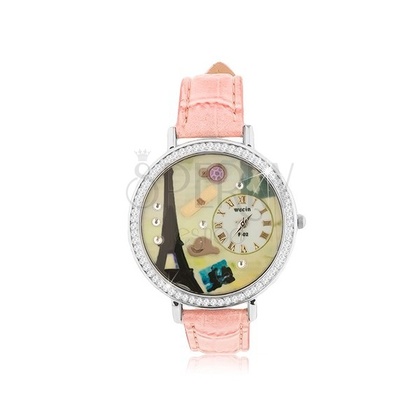 Zegarek z paskiem łososiowego koloru, duży cyferblat z cyrkoniami, wieża Eiffla